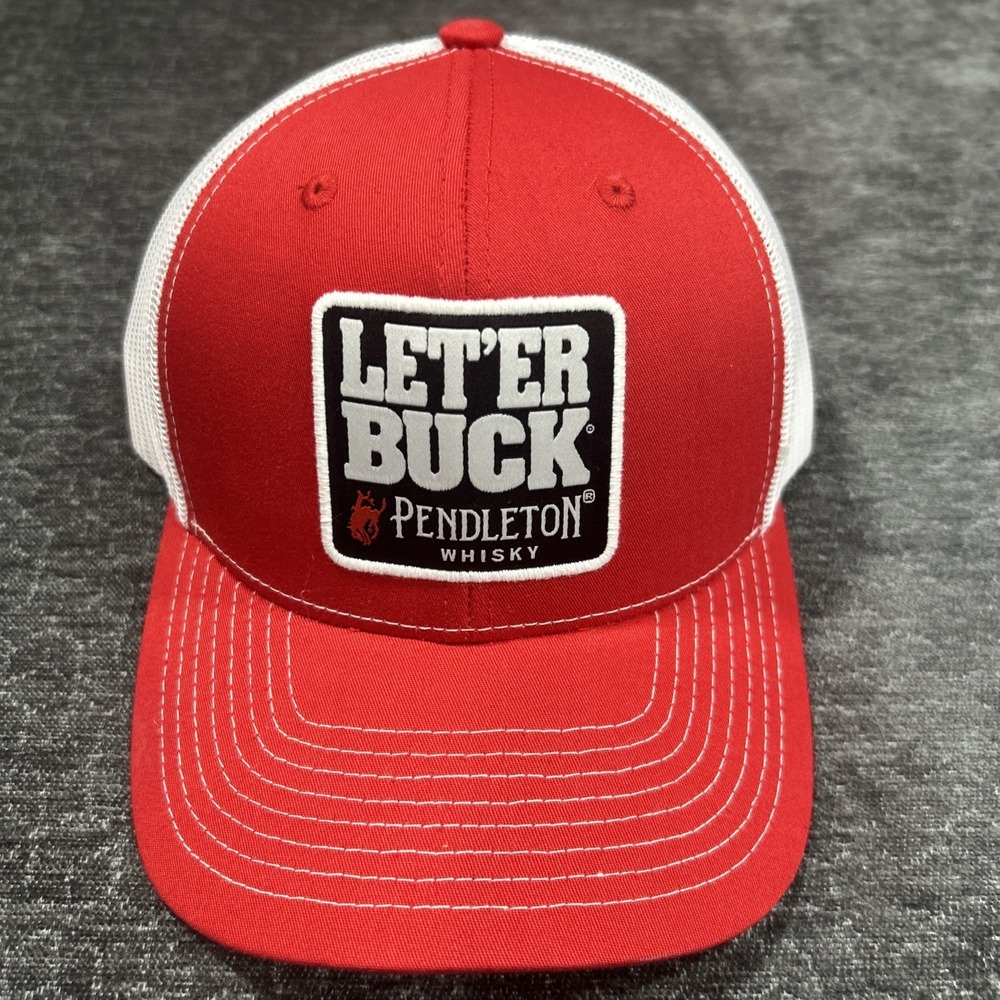 Pendleton Whisky Let'er Buck Red White Mesh Trucker Hat Snapback Cap Mens